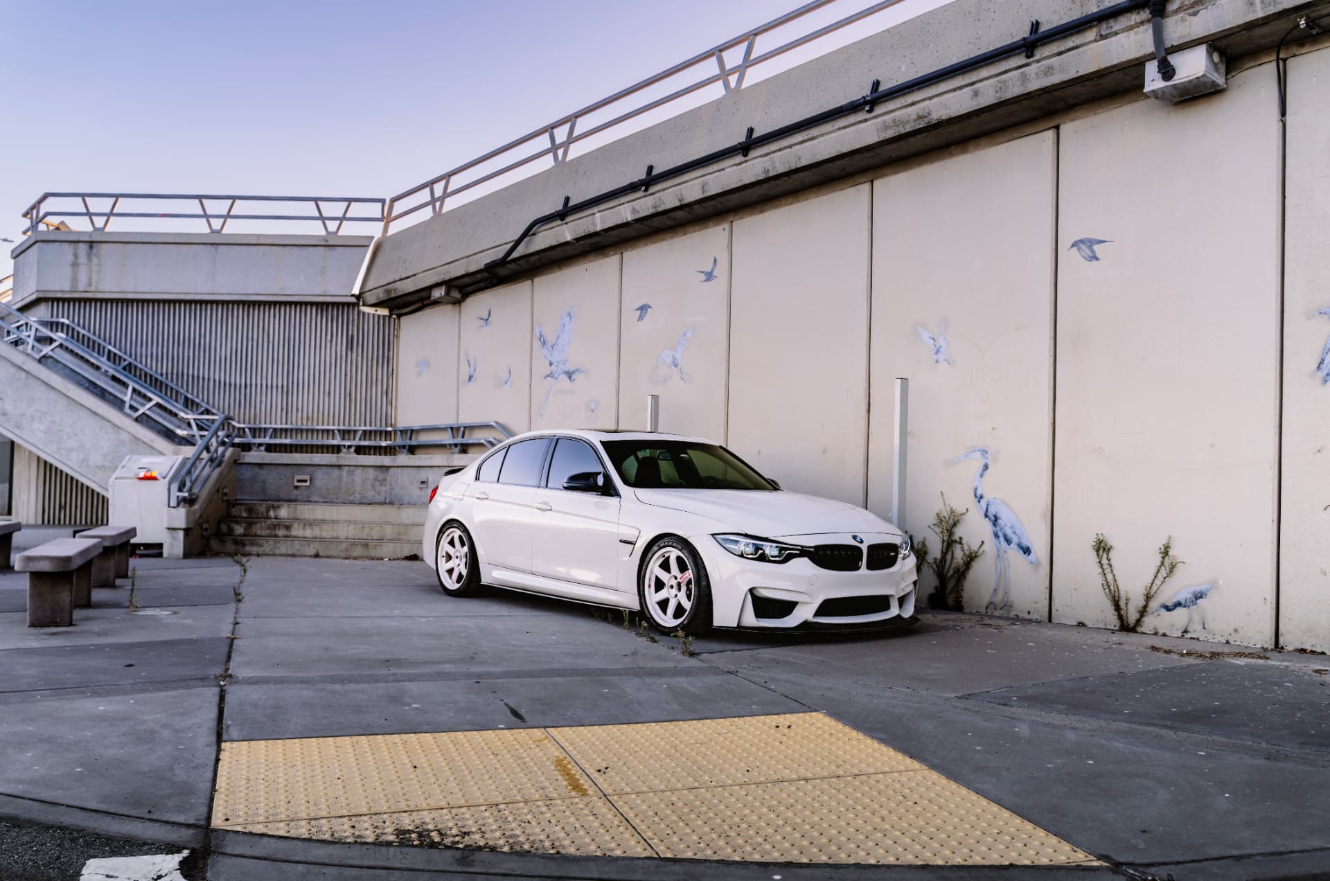 BMW M3 F80 parked beside the mural wall